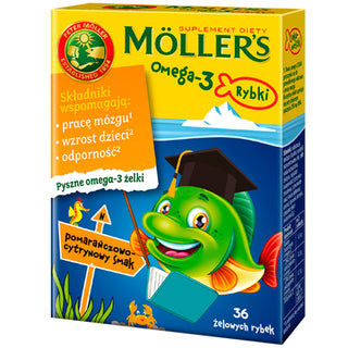 Dietary supplement with omega-3 fatty acids Moller's orange and lemon flavored fish 36 jelly beans