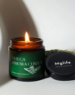 Mglife A Winter Moment vegan rapeseed candle with the scent of pine, cedar, and amber 120 ml