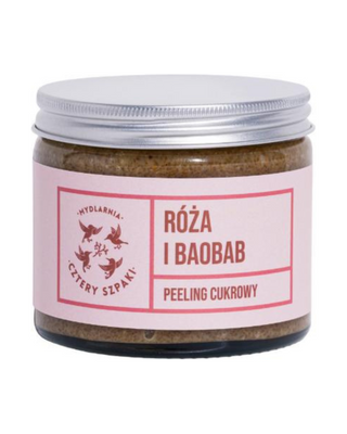 Regenerating rose and baobab scrub with cane sugar to stimulate circulation Mydlarnia Cztery Szpaki