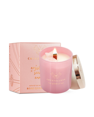 Soy Candle with Rose Quartz and Rose in Glass Container Crystallove