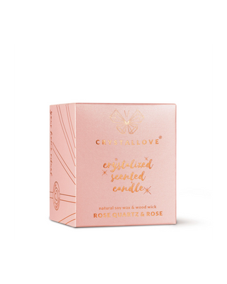 Soy Candle with Rose Quartz and Rose in Glass Container Crystallove