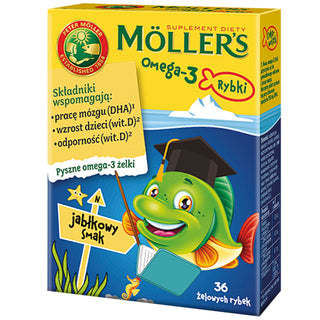 Dietary supplement with omega-3 fatty acids Moller's apple flavored fish 36 jelly beans