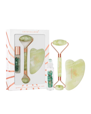 Facial Roller + Gua Sha Plate + Roll-On Bottle Jade Beauty Set Crystallove