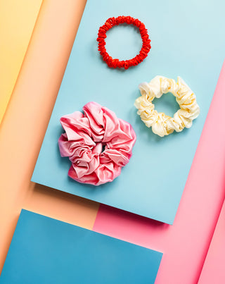 Set of 100% natural silk hair elastics - pink, cream, red Twisty 3 pcs.