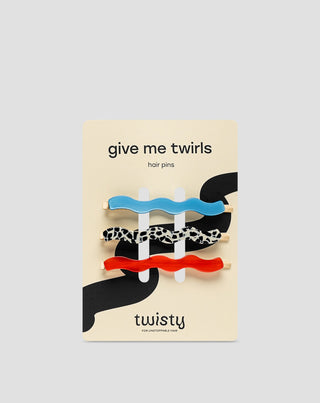 Set of wavy hair pins marbled, blue, red Twisty 3 pcs.