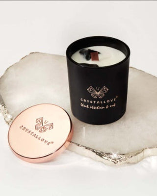 Soy Candle with Black Obsidian and Oud Wood Resin Scent in Glass Container Crystallove - 4
