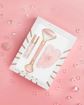 Facial Roller + Gua Sha Plate + Roll-On Bottle Rose Quartz Beauty Set Crystallove - 2