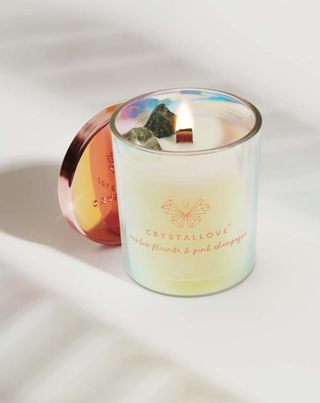 Soy Candle with Rainbow Fluorite and Pink Champagne in Glass Container Crystallove