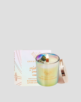  Soy candle with rainbow fluorite and pink champagne in a glass container Crystallove_3