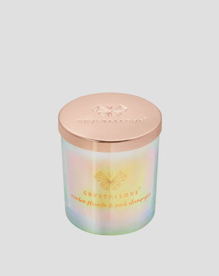  Soy candle with rainbow fluorite and pink champagne in a glass container Crystallove