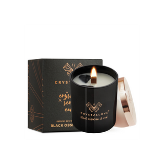 Soy Candle with Black Obsidian and Oud Wood Resin Scent in Glass Container Crystallove - 1
